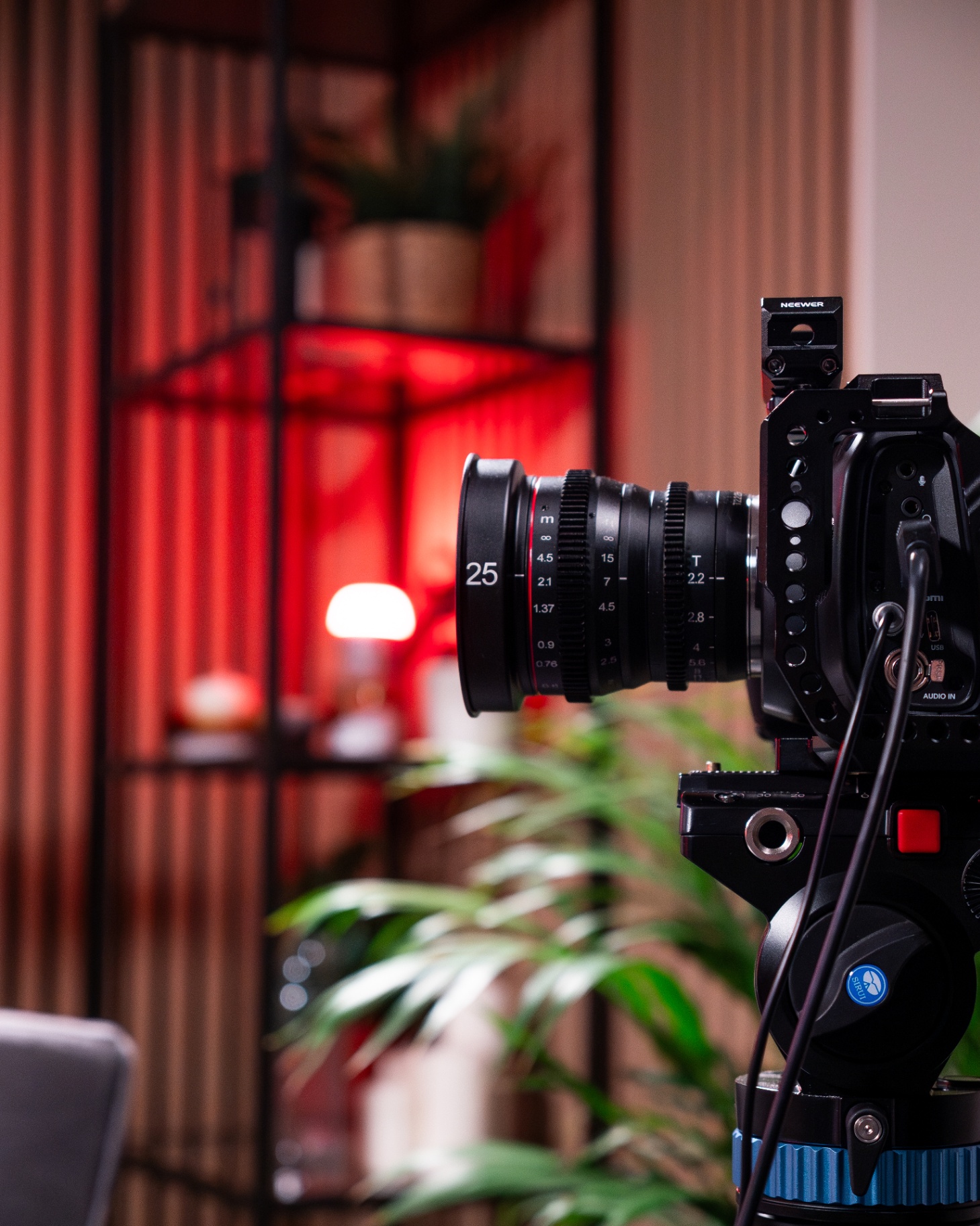 Cinema lens on a camera body in the studio