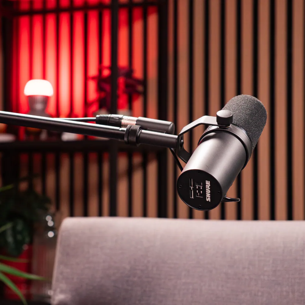 Podcast microphone in the studio at Empire Studios, Manchester